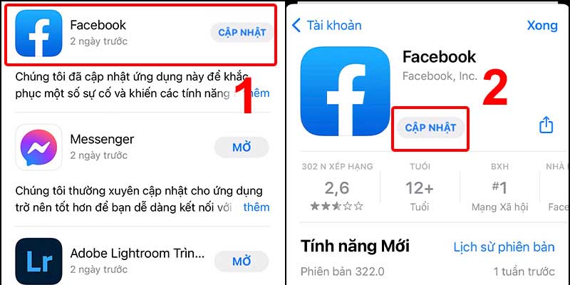 Update bản mới nhất của facebook